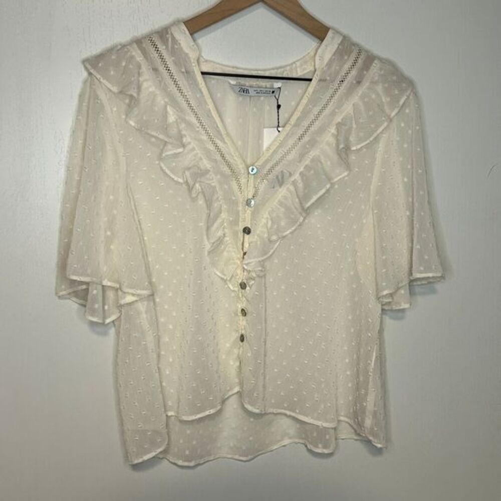 ZARA Commando Cream Short Sleeve Button Up Blouse | Size L | A17